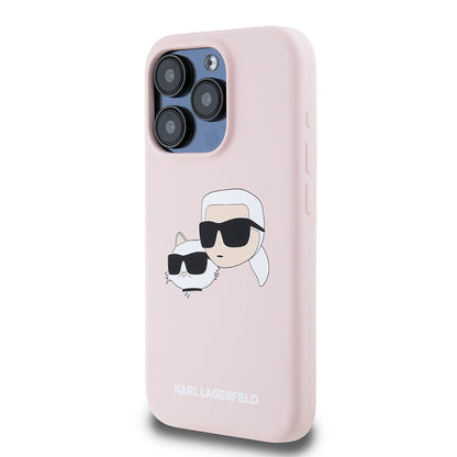 Custodia MagSafe per Apple iPhone 15 Pro, Karl Lagerfeld, Silicone Karl & Choupette's Heads, Rosa