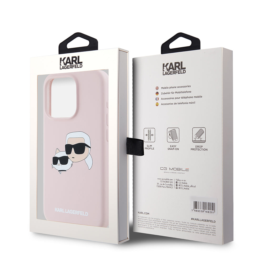 Custodia MagSafe per Apple iPhone 15 Pro, Karl Lagerfeld, Silicone Karl & Choupette's Heads, Rosa