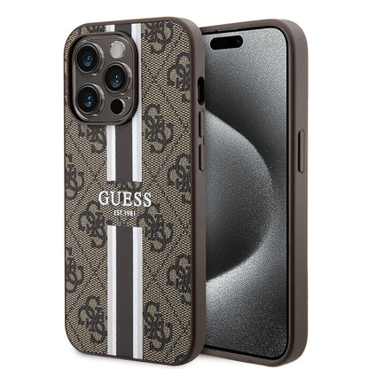 Custodia MagSafe per Apple iPhone 15 Pro Max, Guess, 4G Printed Stripes, Marrone