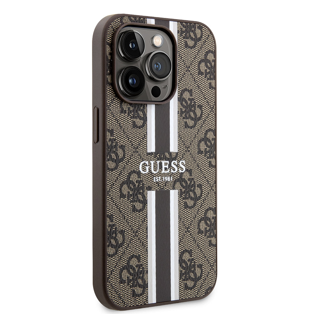 Custodia MagSafe per Apple iPhone 15 Pro Max, Guess, 4G Printed Stripes, Marrone