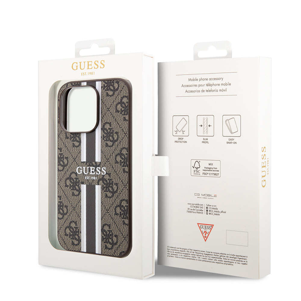 Custodia MagSafe per Apple iPhone 15 Pro Max, Guess, 4G Printed Stripes, Marrone