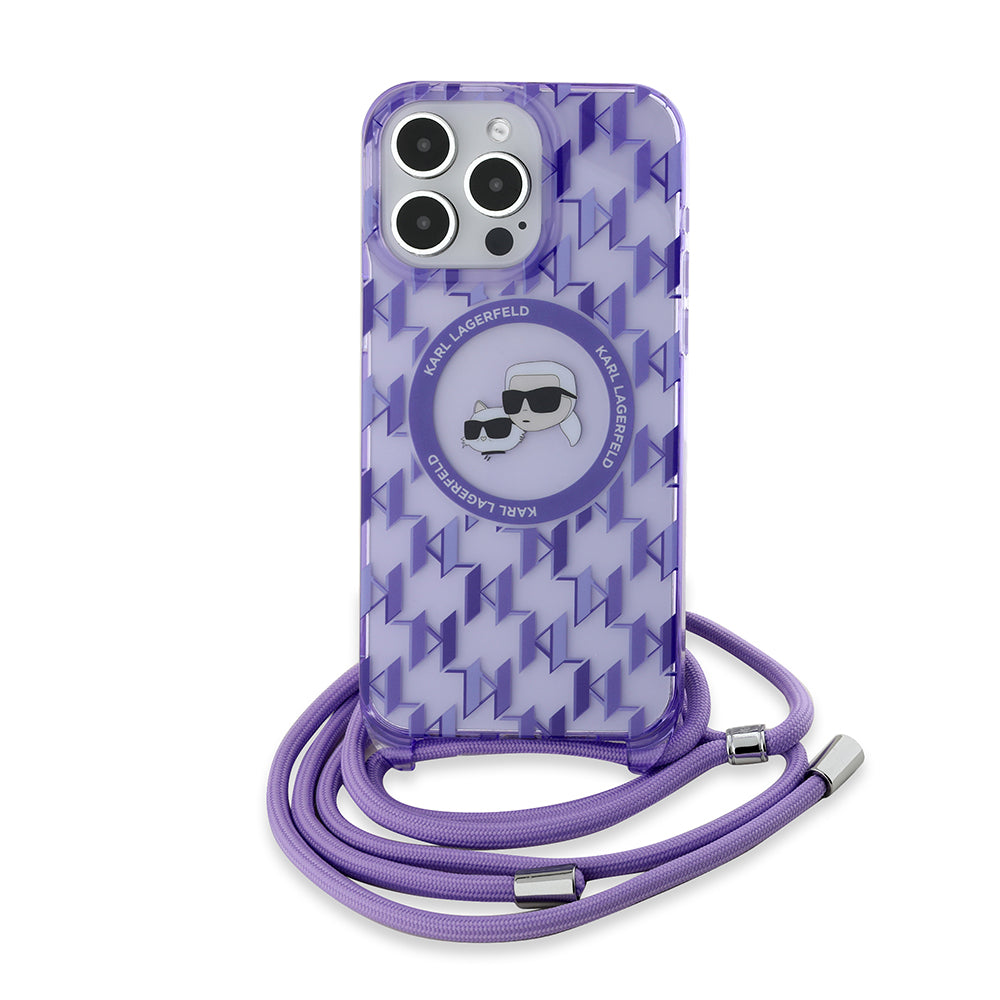 Custodia MagSafe per Apple iPhone 15 Pro Max, Karl Lagerfeld, IML Crossbody Monogram Karl & Choupette's Heads, Viola