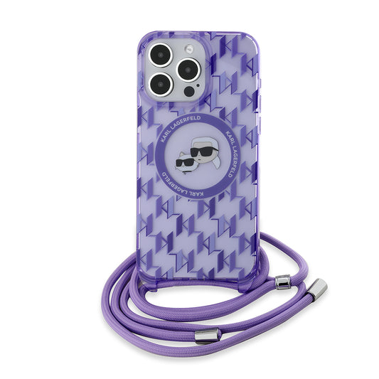 Custodia MagSafe per Apple iPhone 15 Pro Max, Karl Lagerfeld, IML Crossbody Monogram Karl & Choupette's Heads, Viola