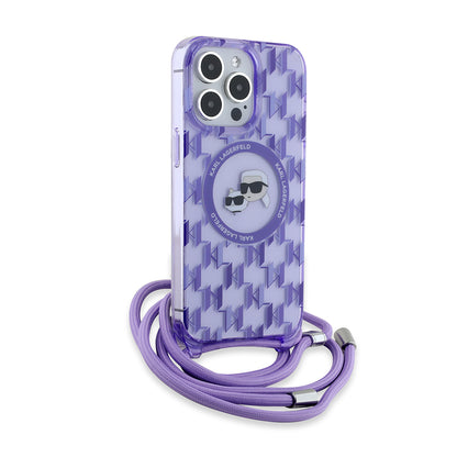 Custodia MagSafe per Apple iPhone 15 Pro Max, Karl Lagerfeld, IML Crossbody Monogram Karl & Choupette's Heads, Viola