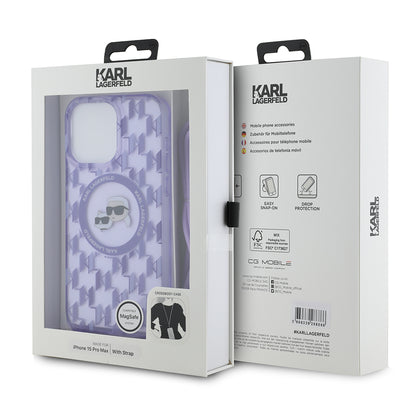 Custodia MagSafe per Apple iPhone 15 Pro Max, Karl Lagerfeld, IML Crossbody Monogram Karl & Choupette's Heads, Viola
