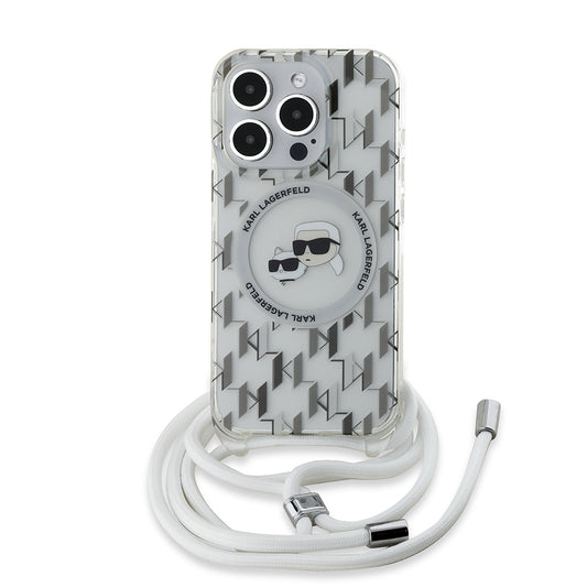 Custodia MagSafe per Apple iPhone 15 Pro Max, Karl Lagerfeld, IML Crossbody Monogram Karl & Choupette's Heads, Trasparente