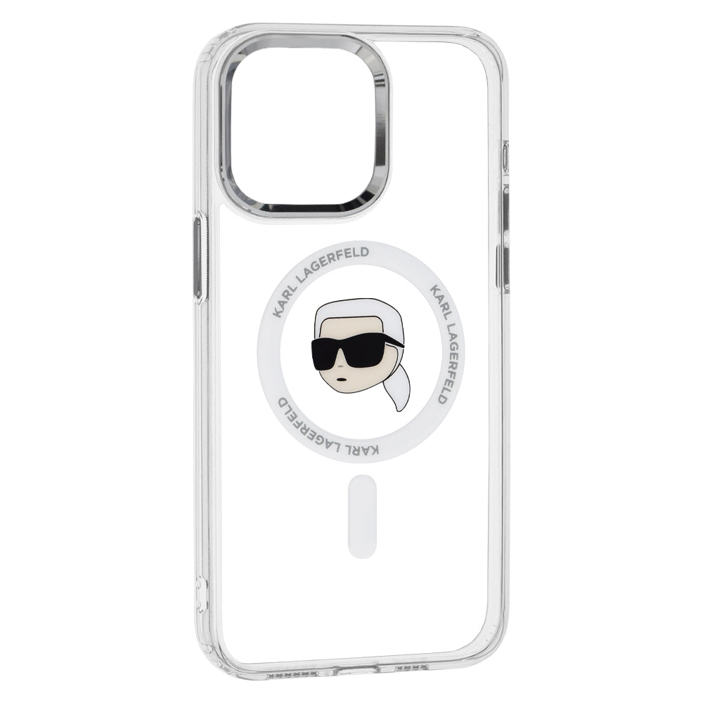 Custodia MagSafe per Apple iPhone 15 Pro Max, Karl Lagerfeld, IML Metal Karl's Head, Bianca