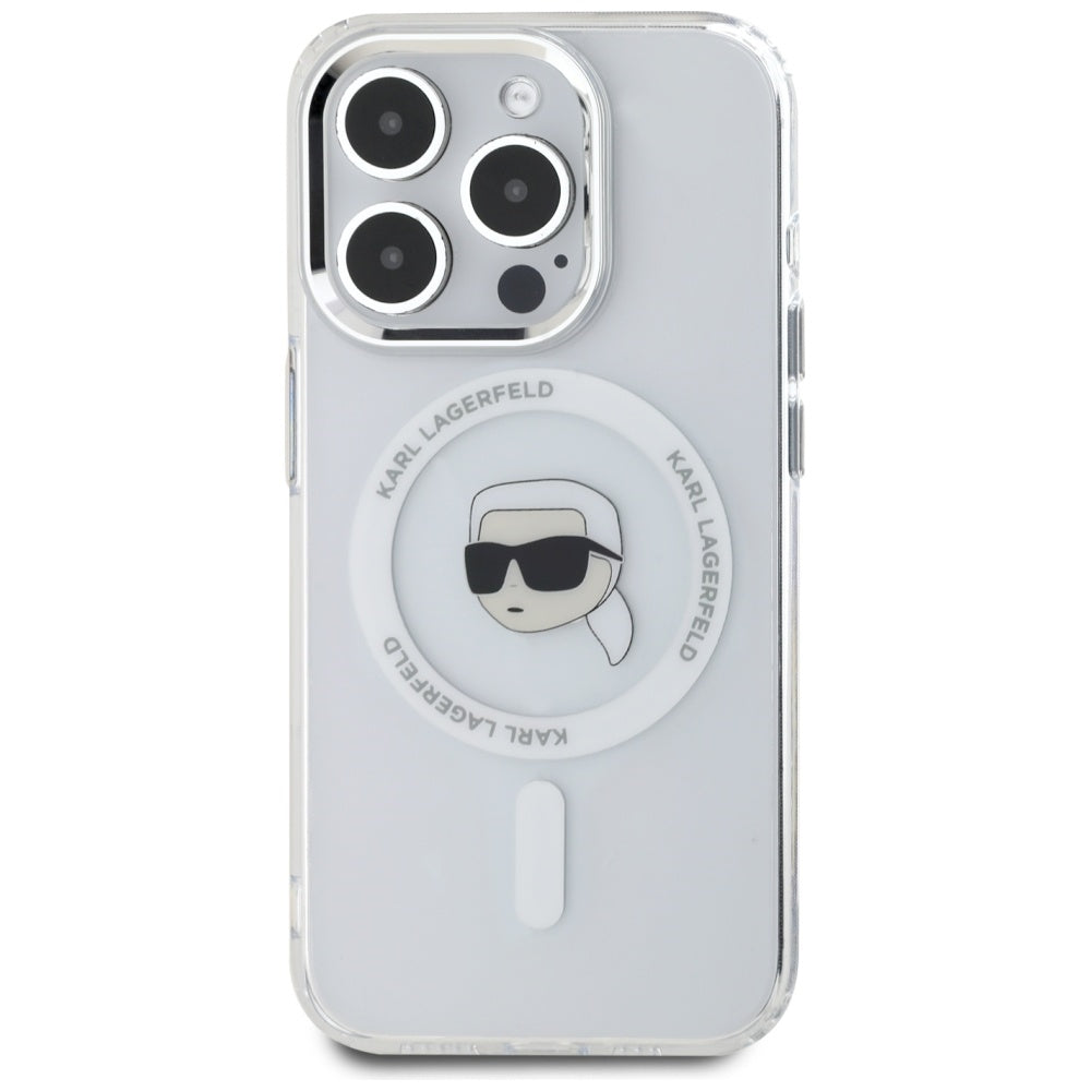 Custodia MagSafe per Apple iPhone 15 Pro Max, Karl Lagerfeld, IML Metal Karl's Head, Bianca