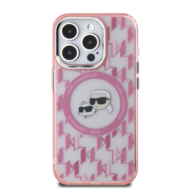 MagSafe Case for Apple iPhone 15 Pro Max, Karl Lagerfeld, IML Monogram Karl & Choupette's Heads, Pink