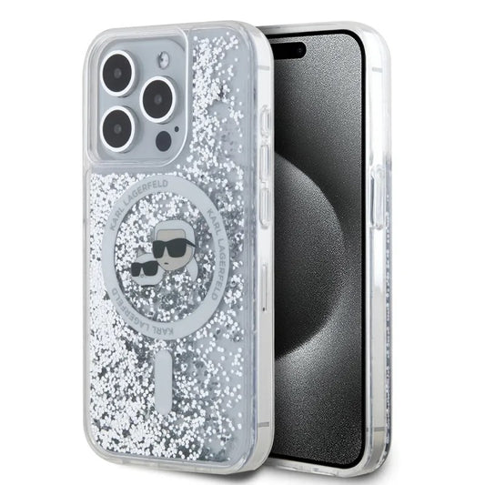 Custodia MagSafe per Apple iPhone 15 Pro Max, Karl Lagerfeld, Liquid Glitter Karl & Choupette's Heads, Trasparente