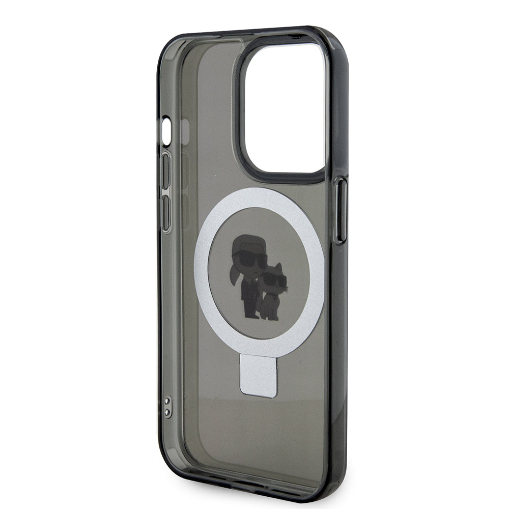 Custodia MagSafe per Apple iPhone 15 Pro Max, Karl Lagerfeld, Ring Stand Karl & Choupette, Nera