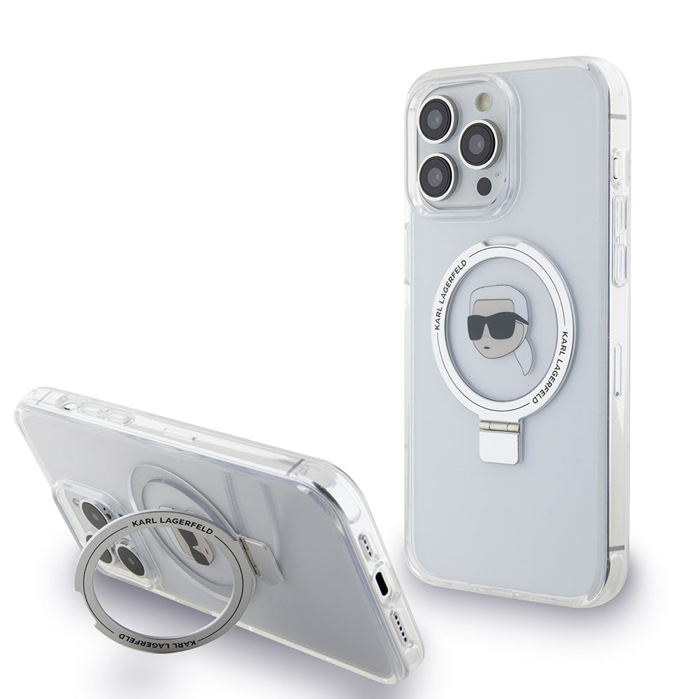 Custodia MagSafe per Apple iPhone 15 Pro Max, Karl Lagerfeld, Ring Stand Karl's Head, Bianca