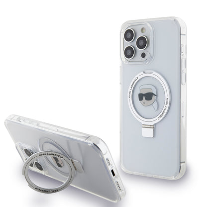 Custodia MagSafe per Apple iPhone 15 Pro Max, Karl Lagerfeld, Ring Stand Karl's Head, Bianca