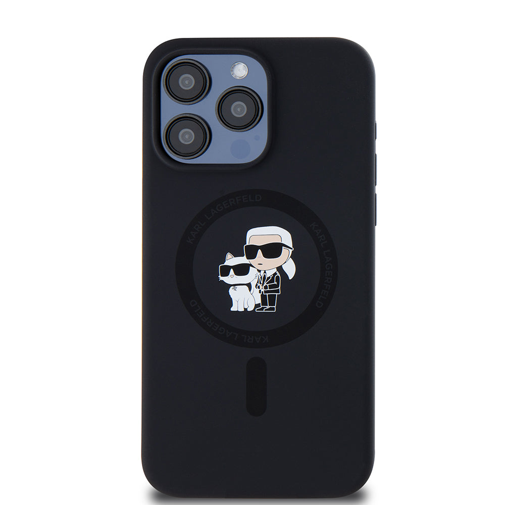 Custodia MagSafe per Apple iPhone 15 Pro Max, Karl Lagerfeld, Silicone Ring Karl & Choupette, Nera