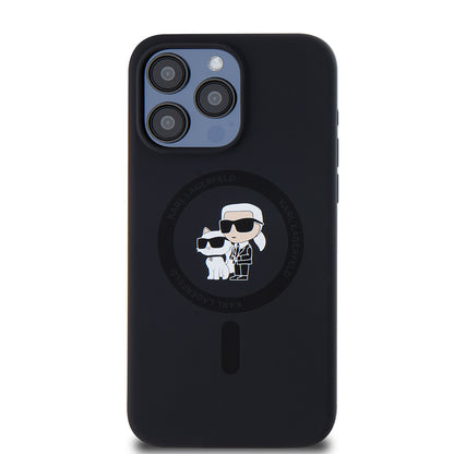 Custodia MagSafe per Apple iPhone 15 Pro Max, Karl Lagerfeld, Silicone Ring Karl & Choupette, Nera
