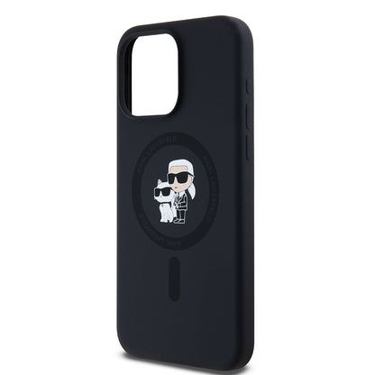 Custodia MagSafe per Apple iPhone 15 Pro Max, Karl Lagerfeld, Silicone Ring Karl & Choupette, Nera
