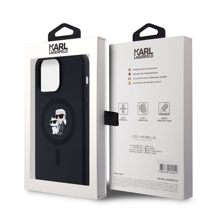 Custodia MagSafe per Apple iPhone 15 Pro Max, Karl Lagerfeld, Silicone Ring Karl & Choupette, Nera