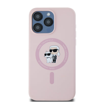 Custodia MagSafe per Apple iPhone 15 Pro Max, Karl Lagerfeld, Silicone Ring Karl & Choupette, Rosa