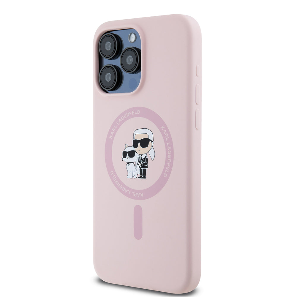 Custodia MagSafe per Apple iPhone 15 Pro Max, Karl Lagerfeld, Silicone Ring Karl & Choupette, Rosa