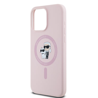 Custodia MagSafe per Apple iPhone 15 Pro Max, Karl Lagerfeld, Silicone Ring Karl & Choupette, Rosa
