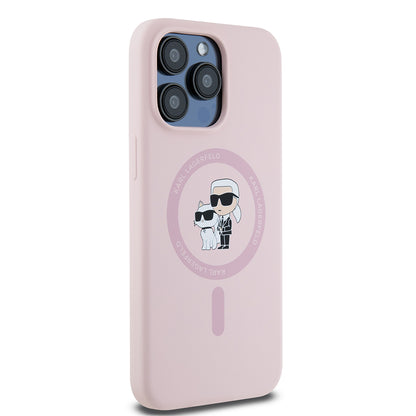 Custodia MagSafe per Apple iPhone 15 Pro Max, Karl Lagerfeld, Silicone Ring Karl & Choupette, Rosa