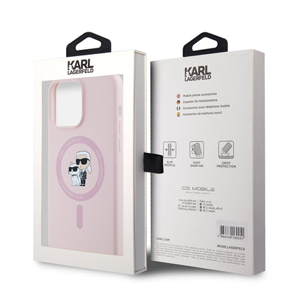 Custodia MagSafe per Apple iPhone 15 Pro Max, Karl Lagerfeld, Silicone Ring Karl & Choupette, Rosa