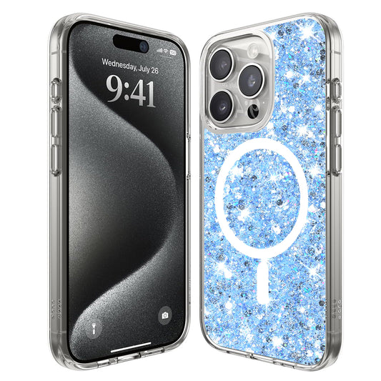 Custodia MagSafe per Apple iPhone 15 Pro, Techsuit, Sparkly Glitter, Blu