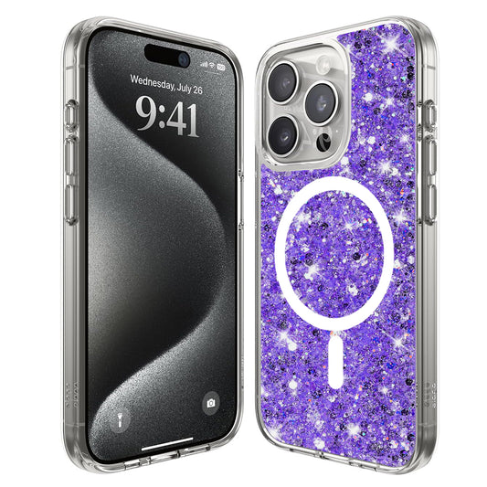 MagSafe Case for Apple iPhone 15 Pro, Techsuit, Sparkly Glitter, Purple