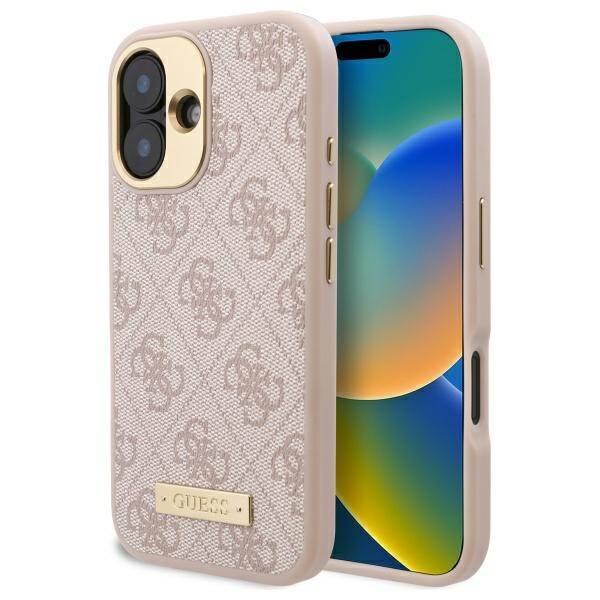 Custodia MagSafe per Apple iPhone 16, Guess, 4G Logo Plate, Rosa