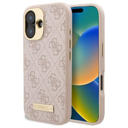 Custodia MagSafe per Apple iPhone 16, Guess, 4G Logo Plate, Rosa