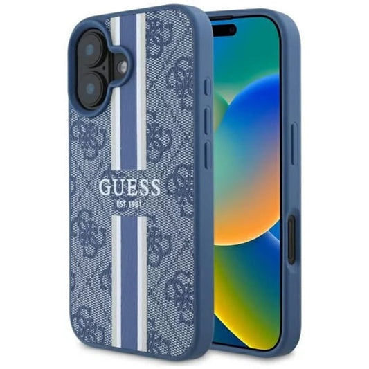 Custodia MagSafe per Apple iPhone 16, Guess, 4G Printed Stripes, Blu