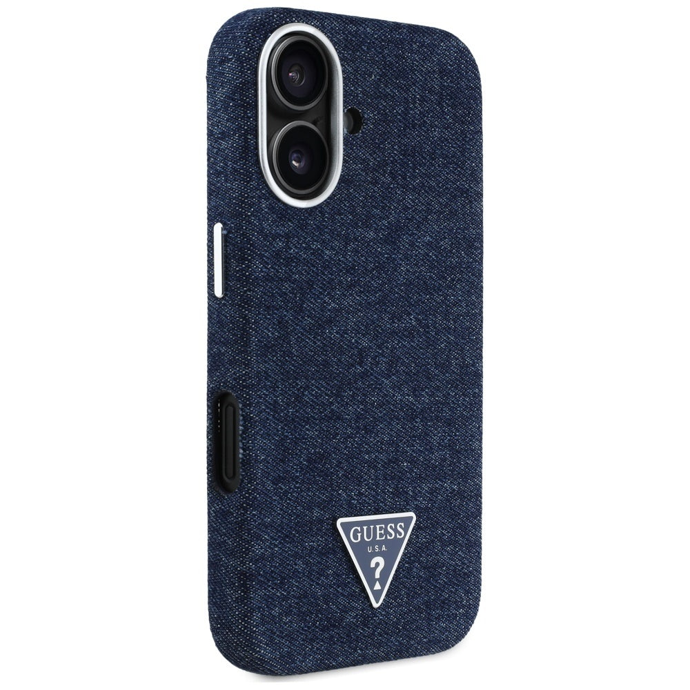 Custodia MagSafe per Apple iPhone 16, Guess, Denim Triangle Logo, Blu