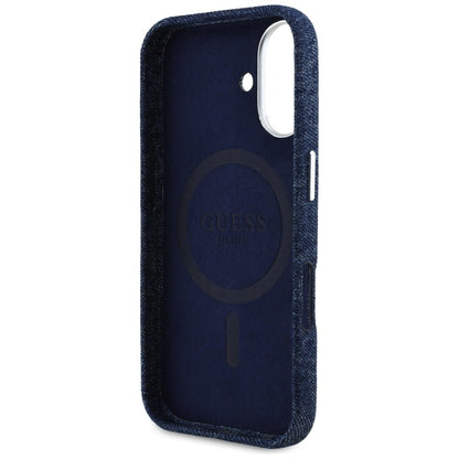 Custodia MagSafe per Apple iPhone 16, Guess, Denim Triangle Logo, Blu