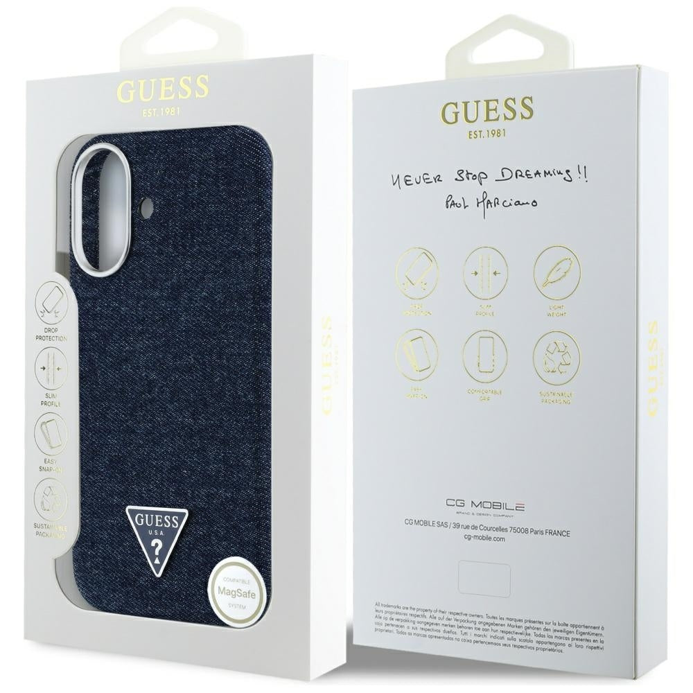 Custodia MagSafe per Apple iPhone 16, Guess, Denim Triangle Logo, Blu
