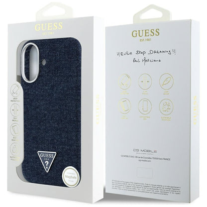 Custodia MagSafe per Apple iPhone 16, Guess, Denim Triangle Logo, Blu