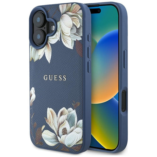 Custodia MagSafe per Apple iPhone 16, Guess, Grained Flowers, Blu