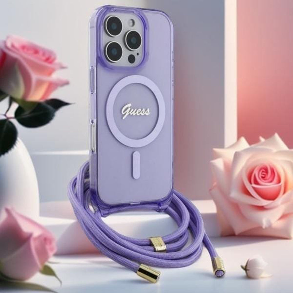 MagSafe Case for Apple iPhone 16, Guess, IML Crossbody Cord Script, Purple