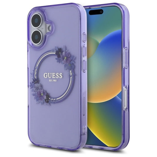 Custodia MagSafe per Apple iPhone 16, Guess, IML Flowers Wreath, Viola