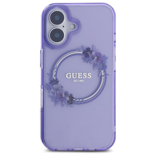 Custodia MagSafe per Apple iPhone 16, Guess, IML Flowers Wreath, Viola
