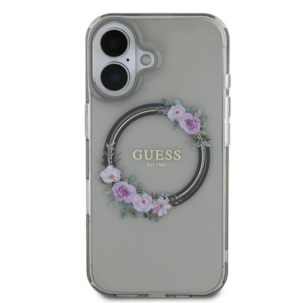 Custodia MagSafe per Apple iPhone 16, Guess, IML Flowers Wreath, Nera