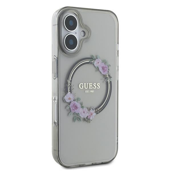 Custodia MagSafe per Apple iPhone 16, Guess, IML Flowers Wreath, Nera