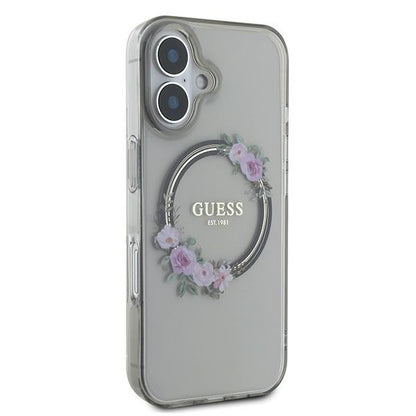 Custodia MagSafe per Apple iPhone 16, Guess, IML Flowers Wreath, Nera