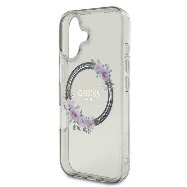 Custodia MagSafe per Apple iPhone 16, Guess, IML Flowers Wreath, Nera
