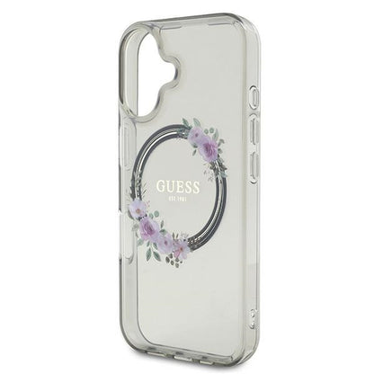 Custodia MagSafe per Apple iPhone 16, Guess, IML Flowers Wreath, Nera