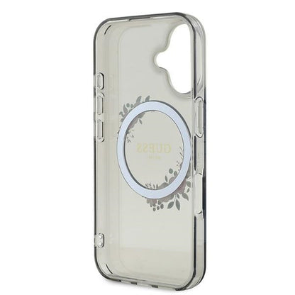 Custodia MagSafe per Apple iPhone 16, Guess, IML Flowers Wreath, Nera