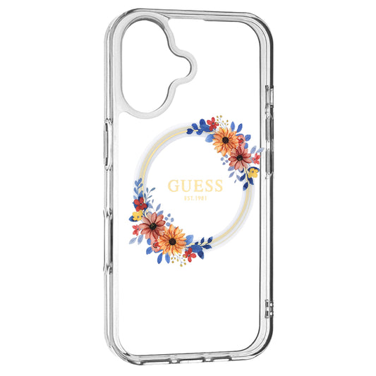 Custodia MagSafe per Apple iPhone 16, Guess, IML Flowers Wreath, Trasparente