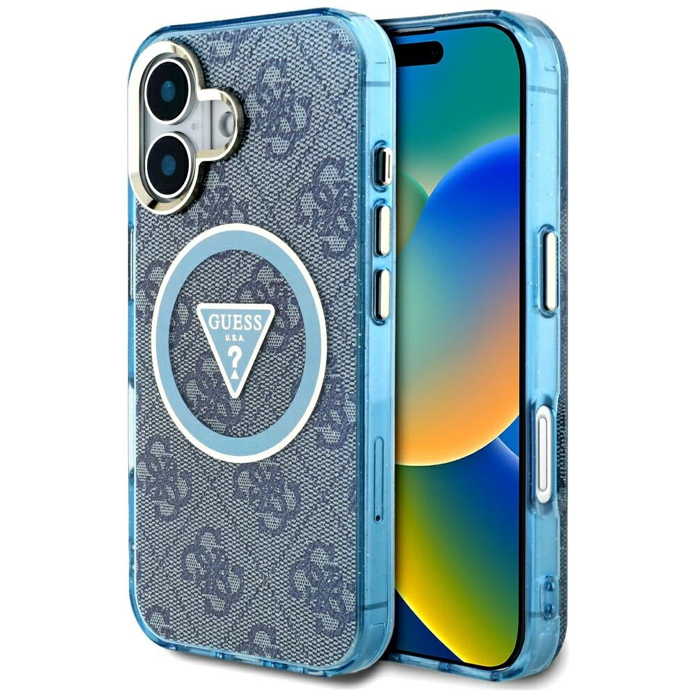 Custodia MagSafe per Apple iPhone 16, Guess, IML Glitter 4G Circle Triangle, Blu