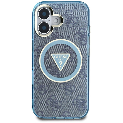 Custodia MagSafe per Apple iPhone 16, Guess, IML Glitter 4G Circle Triangle, Blu