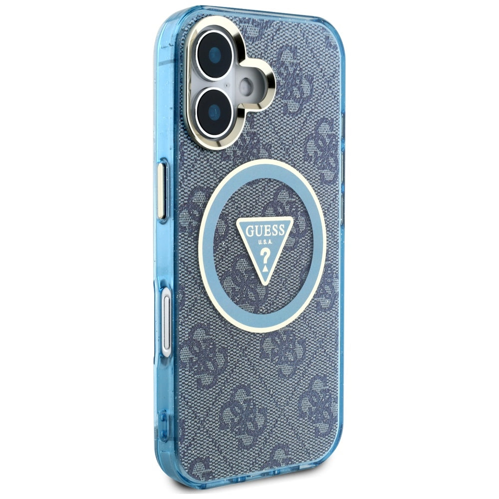 Custodia MagSafe per Apple iPhone 16, Guess, IML Glitter 4G Circle Triangle, Blu