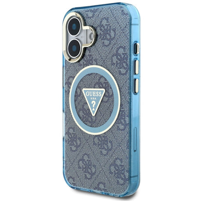 Custodia MagSafe per Apple iPhone 16, Guess, IML Glitter 4G Circle Triangle, Blu